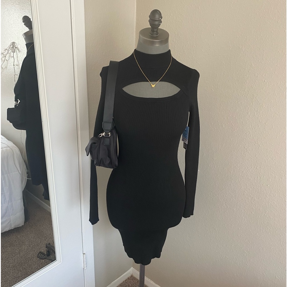 Long sleeve black vinyl stretch turtle neck dress